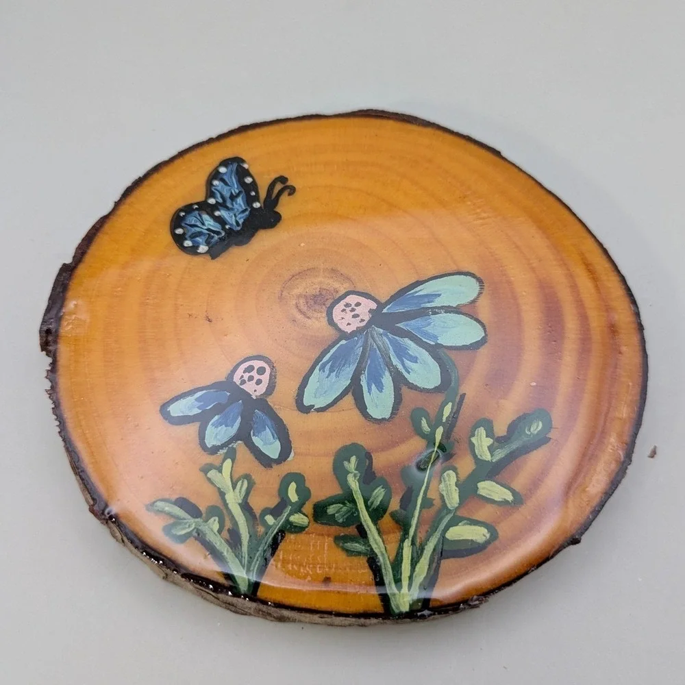 Hand Painted‎ Wood Slice Coasters Set of 4 Floral Butterfly Live Edge Rustic Art